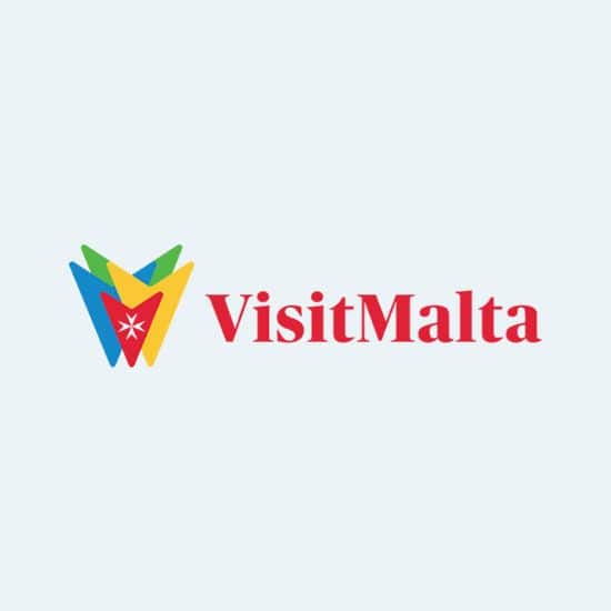 VisitMalta logo with colourful emblem and text.