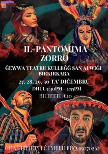 Promotional poster for Zorro pantomime at Għal Biljett Cempel Fuq. Zorro-themed pantomime performance poster.