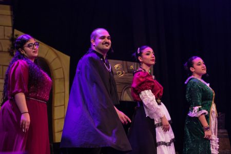 Performers in colourful costumes during the Zorro pantomime show. Zorro pantomime performance on stage.