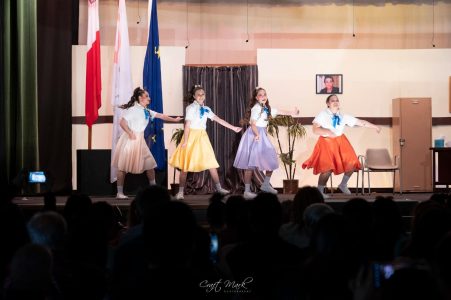 A group of young girls in colourful dresses performing a dance on stage during a cultural event at Fondazzjoni Teatrali Silvio Fleri Soler. Young girls performing on stage at a cultural event.