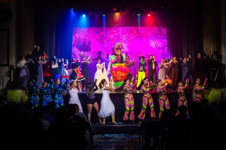 A lively scene from a pantomime performance featuring dancers and actors in vibrant costumes. Performers in colourful costumes on stage during a pantomime show.