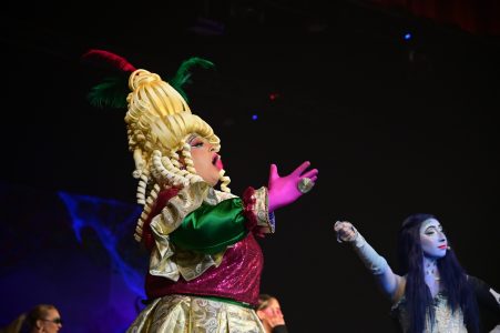 A performer dressed in an elaborate, colourful costume with feathers and makeup, acting on stage in the Korps Brajd pantomime. Performer in colourful costume during Korps Brajd pantomime show.